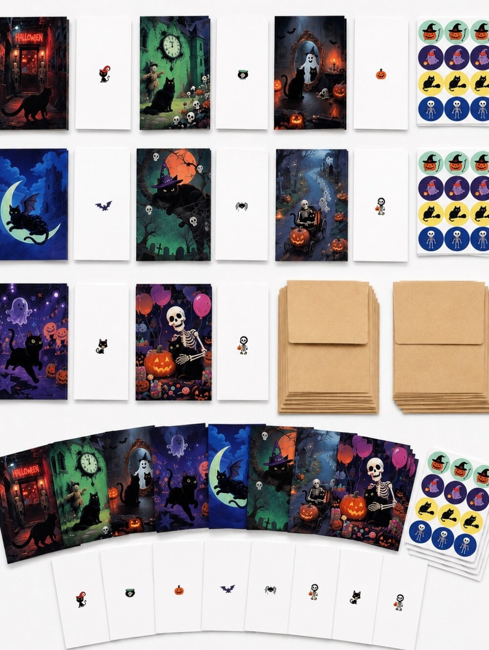 24 Black Cat Halloween Greeting Cards Envelopes Stickers Spooky Set